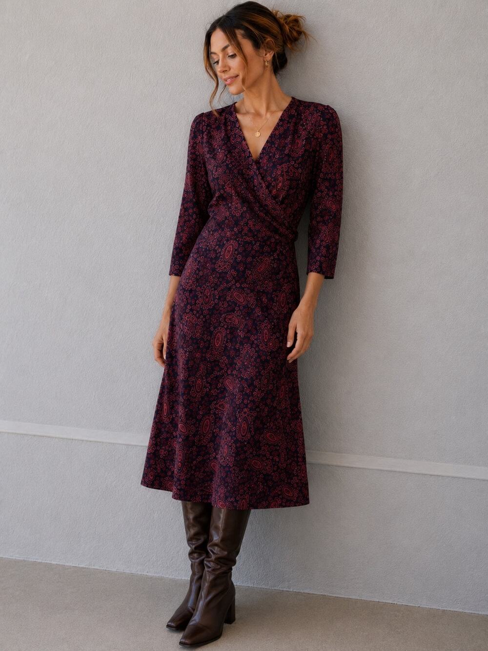 TOMMY HILFIGER Paisley Faux Wrap Midi Dress Burgundy 3/4 Sleeve Knit | Size 6